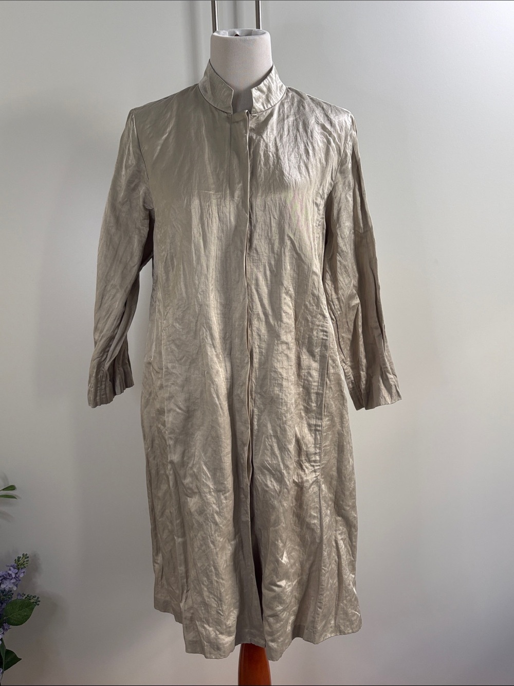 Eileen Fisher Silver Metallic Cotton Stand Collar Long Duster Coat size L